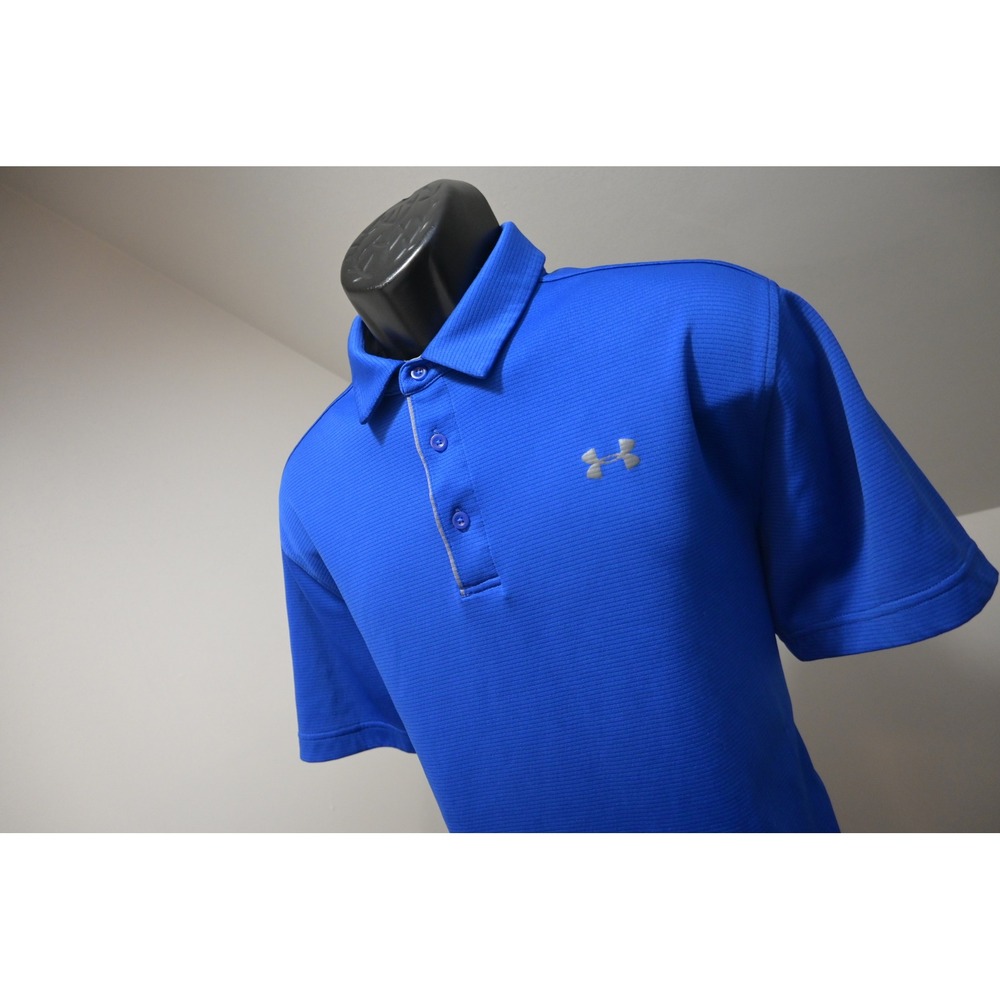 Under Armour Golf Polo Shirt Mens Large Blue HeatGear Short Sleeve Stripe EUC